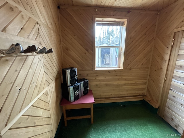 additional living space featuring wooden walls, carpet floors, and wood ceiling