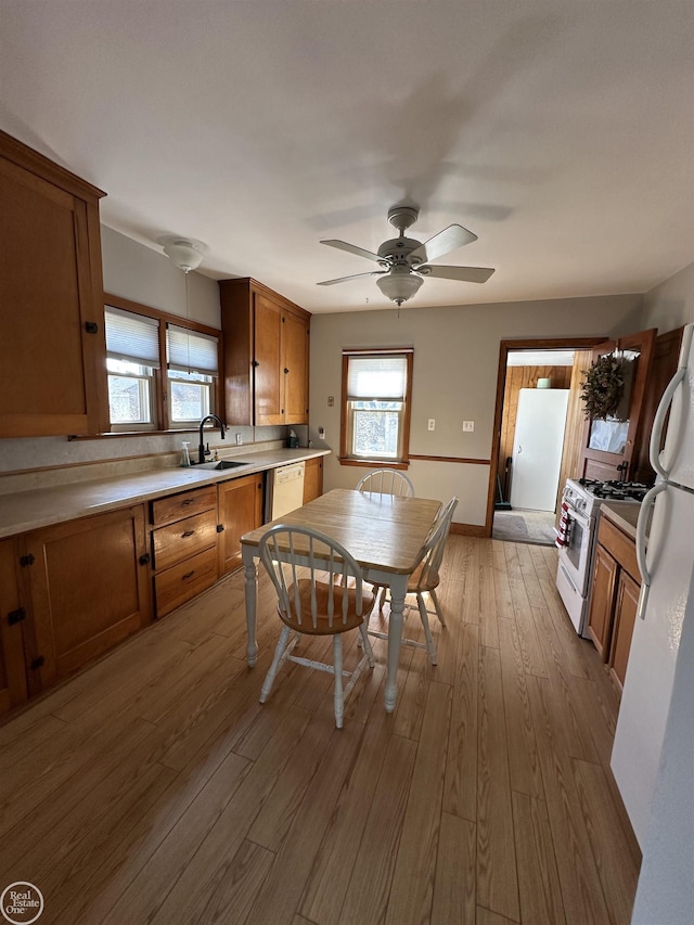 kitchen featuring white appliances, plenty of natural light, a sink, and wood finished floors