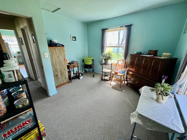 sitting room with carpet flooring and attic access