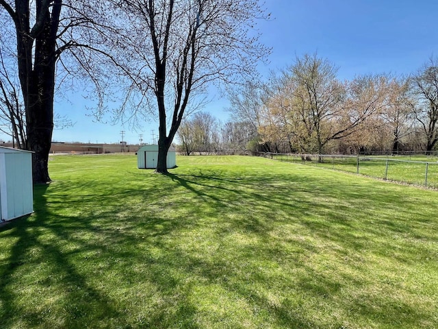 view of yard with fence, a storage unit, and an outbuilding