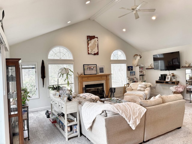 living room featuring carpet floors, a ceiling fan, high vaulted ceiling, and recessed lighting