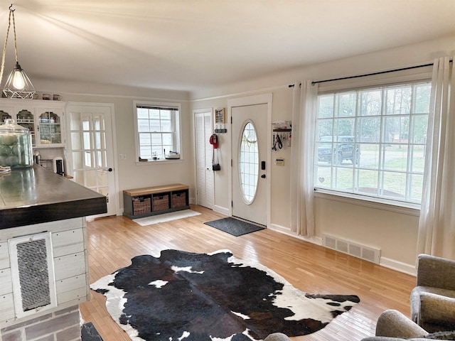 entryway with a healthy amount of sunlight, light wood-type flooring, and visible vents