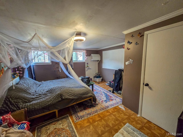 bedroom with ornamental molding
