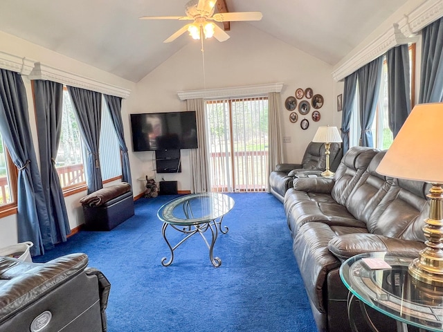 5421 Andrew St, Harrison, MI 48625 - living room featuring carpet floors, a ceiling fan, and high vaulted ceiling