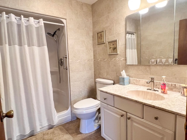 5421 Andrew St, Harrison, MI 48625 - bathroom featuring tile walls, a shower with shower curtain, vanity, toilet, and backsplash