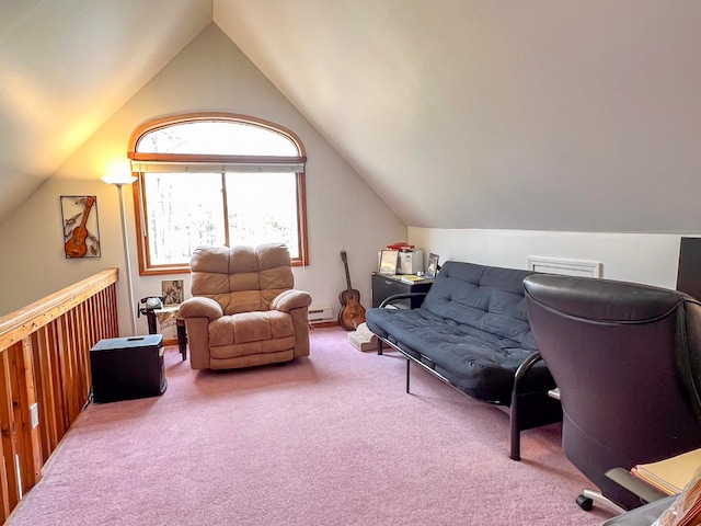 5421 Andrew St, Harrison, MI 48625 - carpeted living room with lofted ceiling and baseboard heating