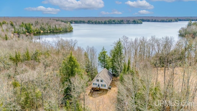 aerial view featuring a water view and a wooded view
