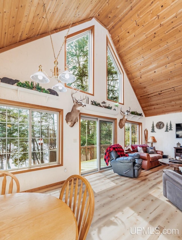 dining room featuring high vaulted ceiling, wood ceiling, wood finished floors, and a notable chandelier