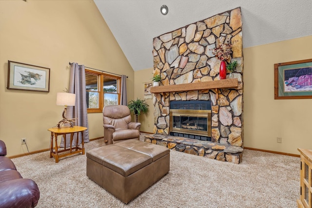carpeted living room with baseboards, a textured ceiling, high vaulted ceiling, and a stone fireplace