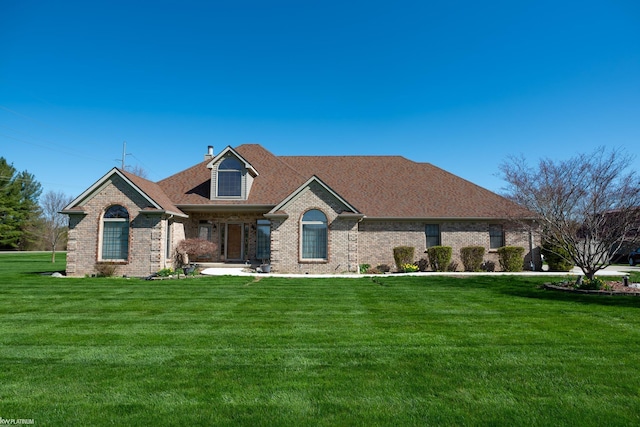 view of front of property featuring covered porch, brick siding, a chimney, and a front lawn