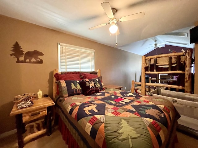 bedroom with a ceiling fan and lofted ceiling
