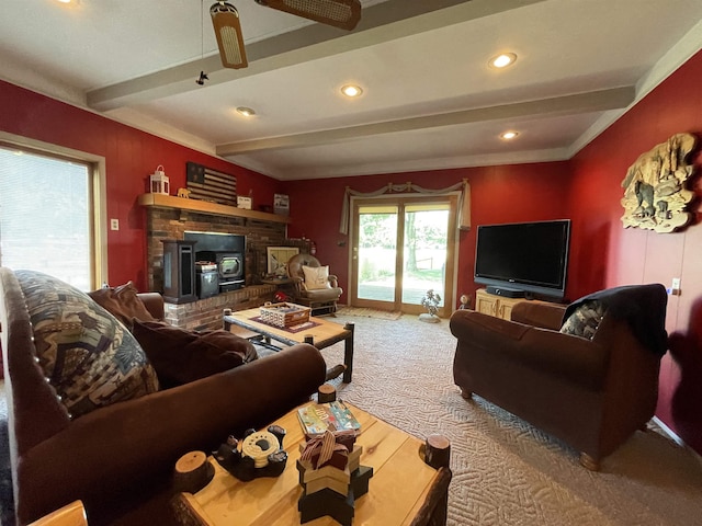 living room with carpet floors, beamed ceiling, and recessed lighting