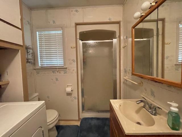 full bathroom featuring a stall shower, toilet, and vanity