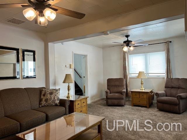 carpeted living area with stairway, crown molding, a ceiling fan, and visible vents