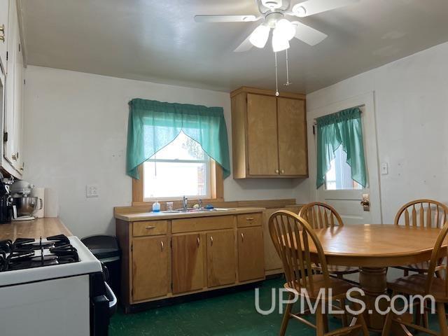 kitchen with plenty of natural light, a sink, ceiling fan, and light countertops