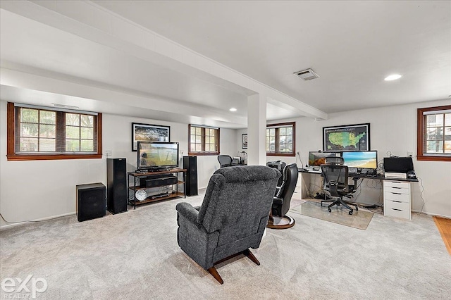 interior space with recessed lighting, visible vents, and carpet