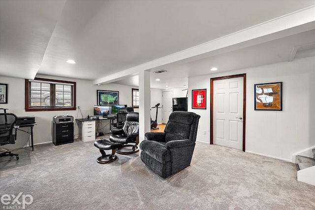 interior space with carpet floors, recessed lighting, and baseboards