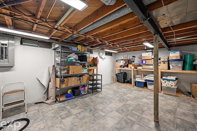 unfinished basement featuring electric panel