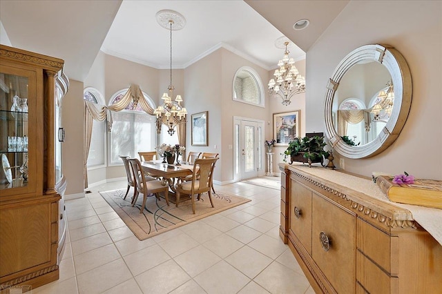 15113 Totten Pl, Shelby Twp, MI 48315 - dining room featuring baseboards, an inviting chandelier, light tile patterned floors, and a towering ceiling