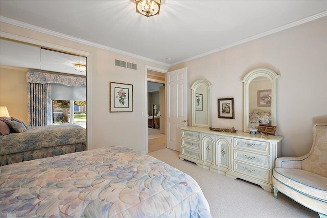 15113 Totten Pl, Shelby Twp, MI 48315 - bedroom featuring visible vents, ornamental molding, and light colored carpet