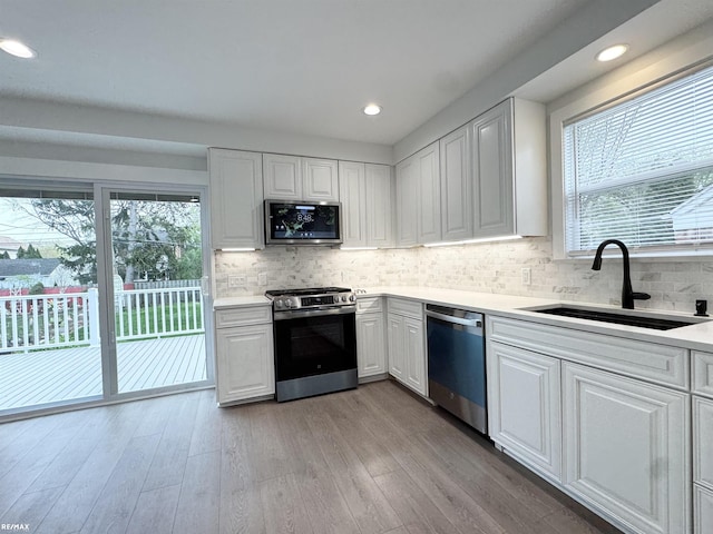 kitchen featuring a sink, light countertops, stainless steel appliances, and a wealth of natural light