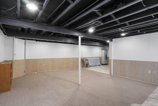 finished below grade area with wooden walls, a wainscoted wall, and carpet