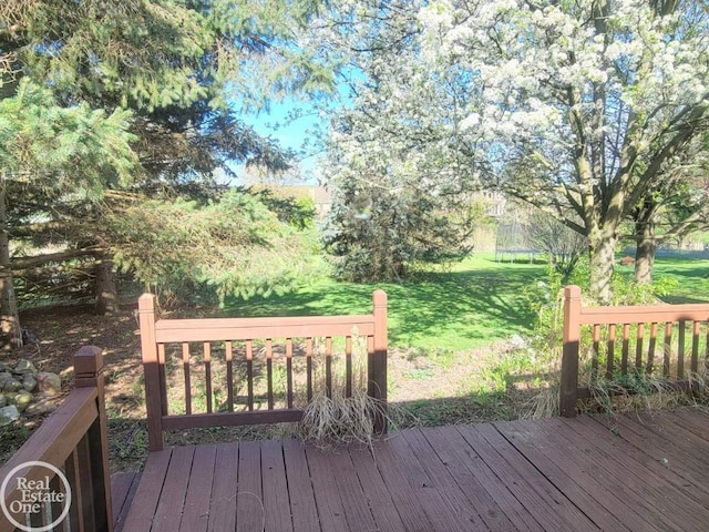 wooden deck with a yard and a trampoline