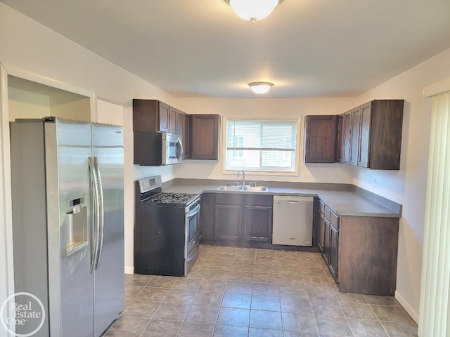 kitchen featuring a sink, appliances with stainless steel finishes, and dark brown cabinets