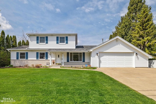 traditional-style home featuring brick siding, an attached garage, covered porch, and concrete driveway