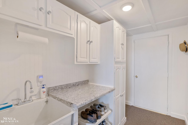 laundry room featuring carpet flooring and a sink