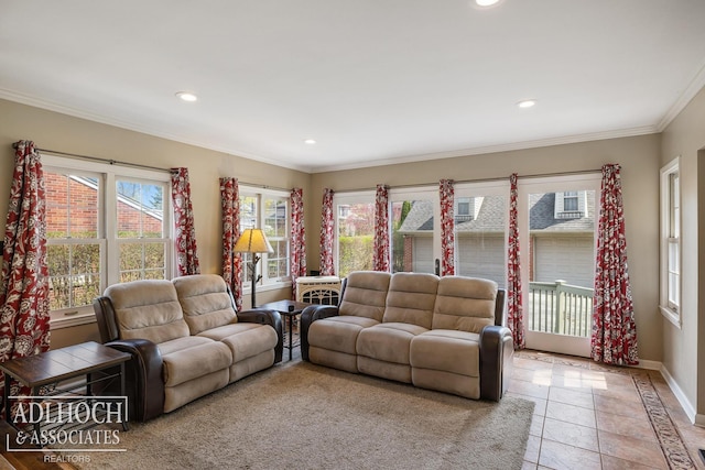 living area featuring crown molding, recessed lighting, baseboards, and light tile patterned floors