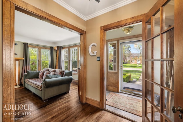 foyer featuring crown molding, baseboards, a healthy amount of sunlight, and dark wood-type flooring