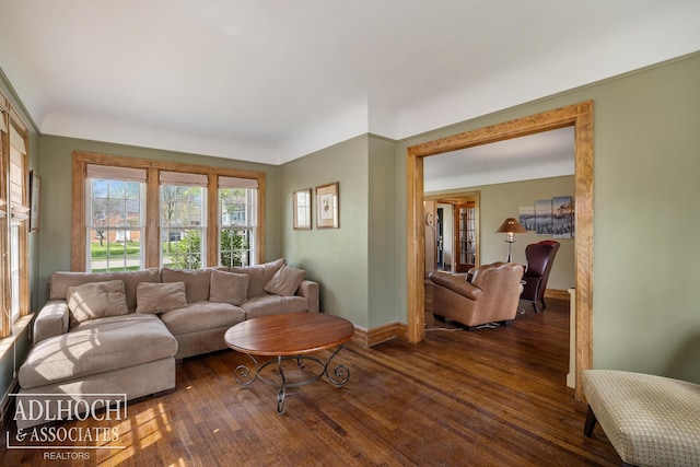 living room with baseboards and wood finished floors