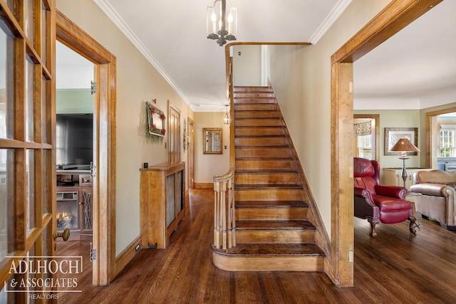 stairway featuring baseboards, ornamental molding, and wood finished floors
