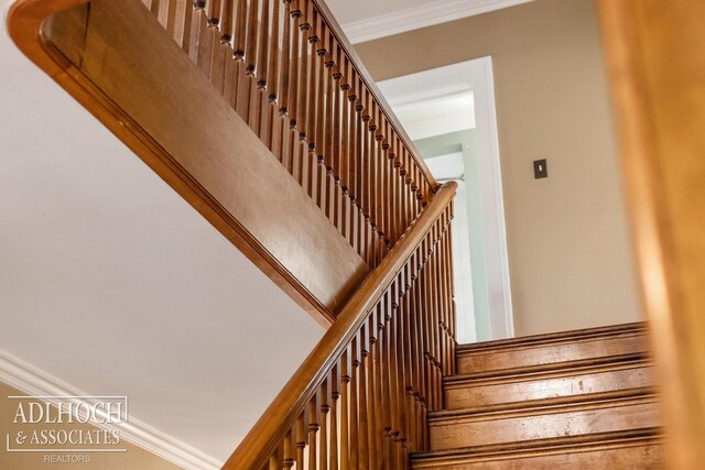 stairs featuring ornamental molding
