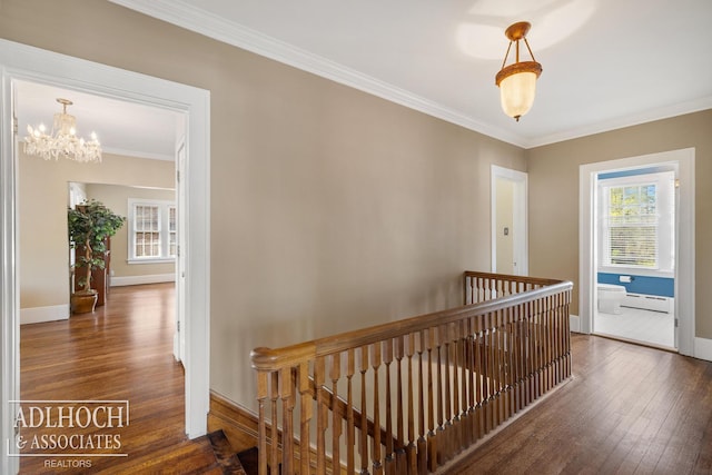 corridor with a wealth of natural light, wood-type flooring, and an upstairs landing