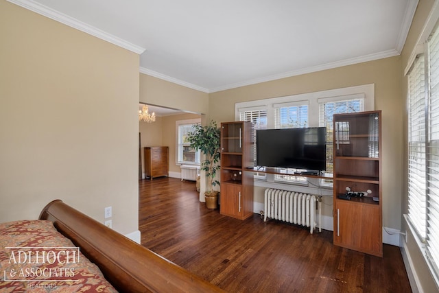 living area with dark wood finished floors, radiator heating unit, and an inviting chandelier