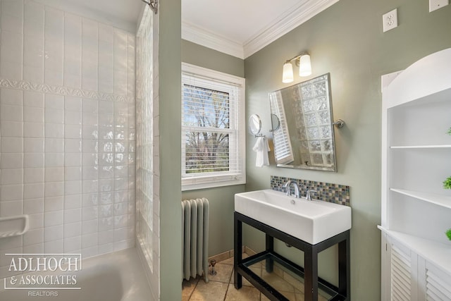 full bath featuring crown molding, radiator, tile patterned floors, tasteful backsplash, and shower / bath combination