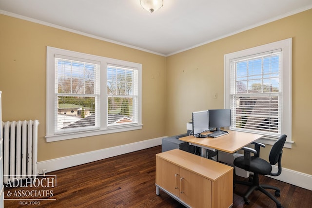office area featuring baseboards, ornamental molding, radiator, and dark wood-type flooring