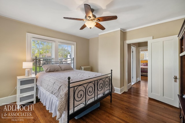 bedroom with a ceiling fan, baseboards, radiator heating unit, and dark wood-type flooring
