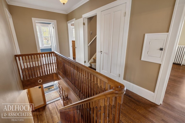 staircase featuring baseboards, ornamental molding, wood finished floors, and radiator