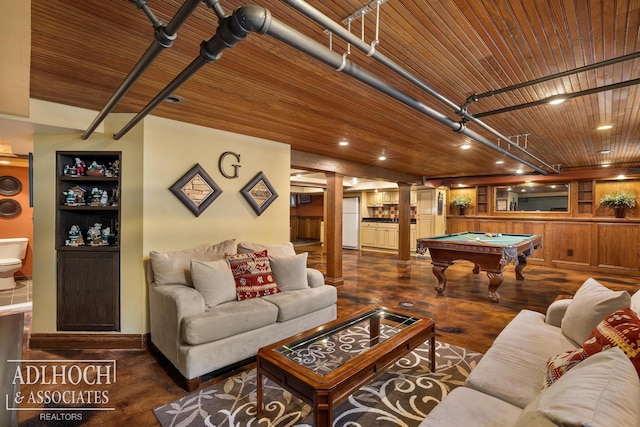 living room featuring ornate columns, billiards, wood finished floors, and wooden ceiling