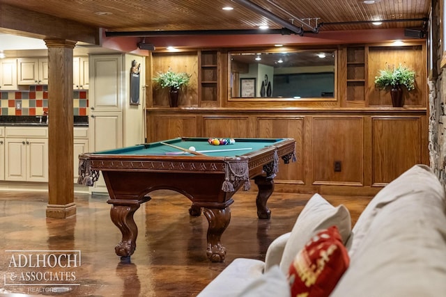recreation room featuring pool table, wooden ceiling, ornate columns, concrete floors, and recessed lighting