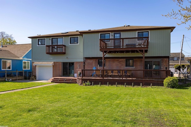 exterior space featuring a yard, brick siding, an attached garage, and a balcony