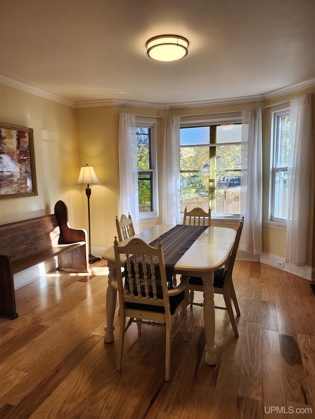 dining area featuring crown molding, baseboards, plenty of natural light, and hardwood / wood-style flooring