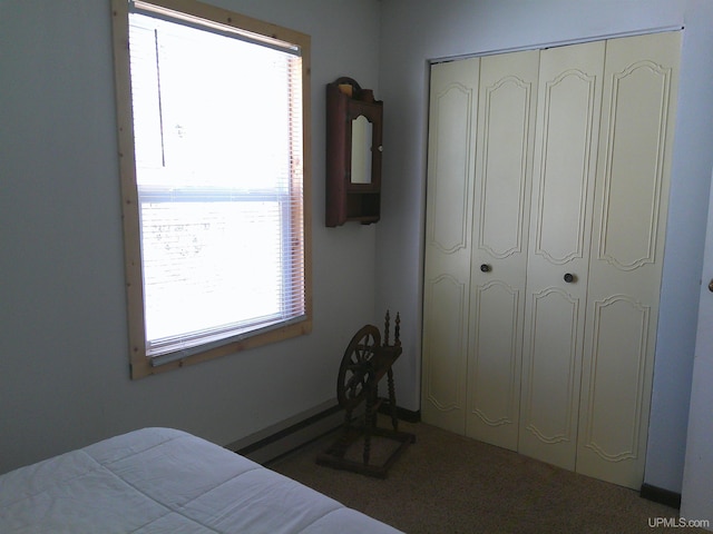bedroom with a closet, carpet flooring, and baseboard heating
