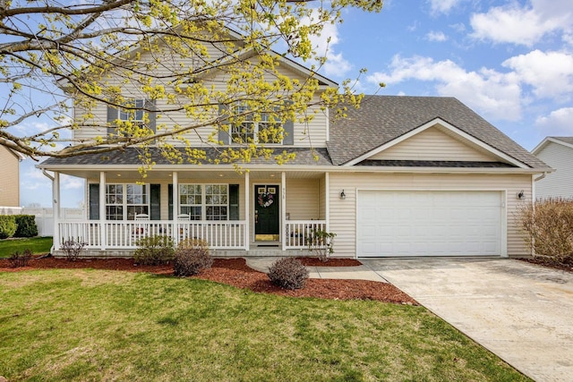 view of front of house with roof with shingles, a garage, a front yard, concrete driveway, and covered porch