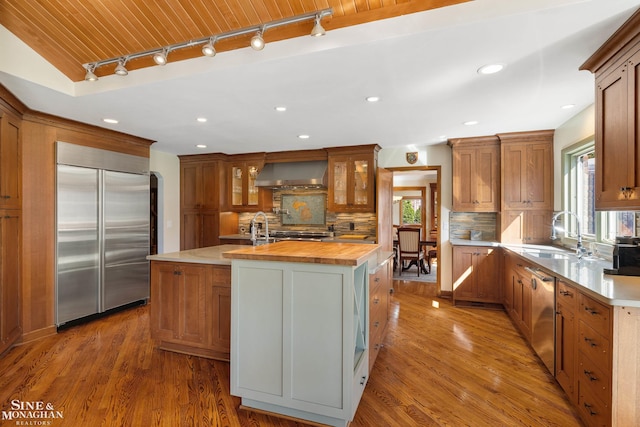 kitchen featuring wooden counters, wall chimney exhaust hood, rail lighting, a sink, and appliances with stainless steel finishes