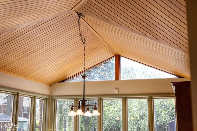 interior details featuring wood ceiling and a chandelier