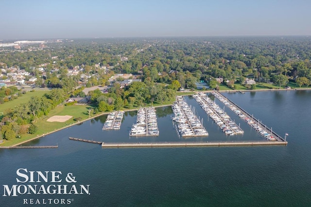 bird's eye view with a water view